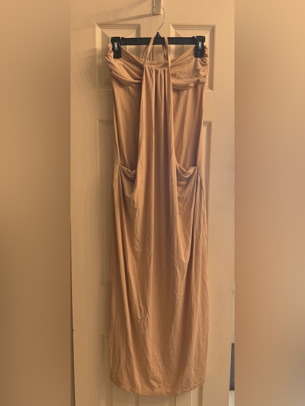 HALARA Beige/Tan Halter Strapless Maxi Dress with Pockets -Small